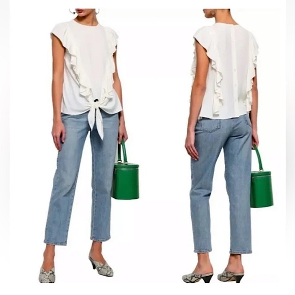Frame Flutter Ruffled Tie Front Button Back Top Ivory Off White Cap Sleeve - Picture 11 of 14